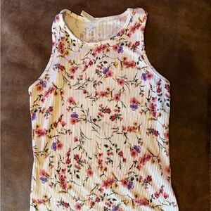 Celeste White Floral Ribbed Tank with Pink & Purple Blooms